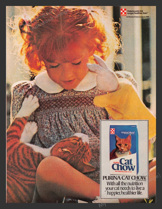 1985 Purina Cat Chow Girl Toddler with Orange Kitty Print Advertisement Ad