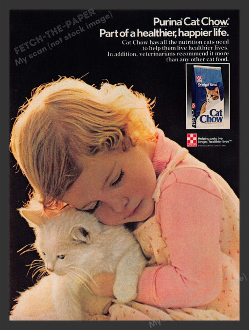 1985 Purina Cat Chow Little Girl & White Kitten Print Advertisement Ad
