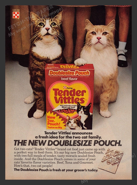 1980 Purina Doublesize Pouch Tender Vittles Cats Print Advertisement Ad