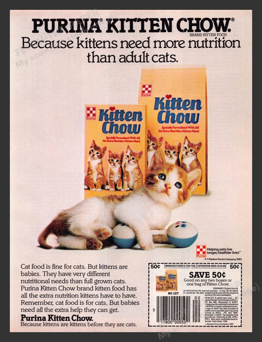 1985 Purina Kitten Chow Orange & White Cat Print Advertisement Ad
