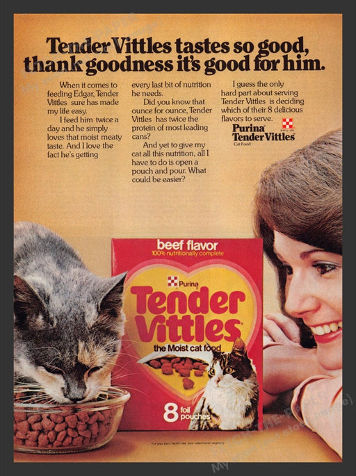 1979 Purina Tender Vittles Cat Food Gray & White Kitty Print Advertisement Ad
