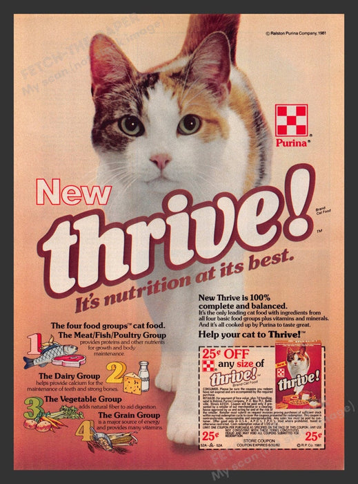 1981 Purina Thrive! Cat Food Calico Print Advertisement Ad