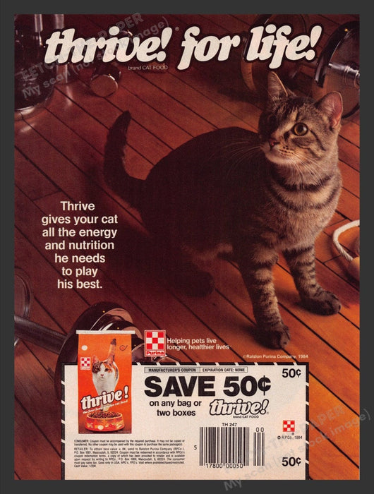 1985 Purina Thrive! Cat Food Gray Kitty Print Advertisement Ad