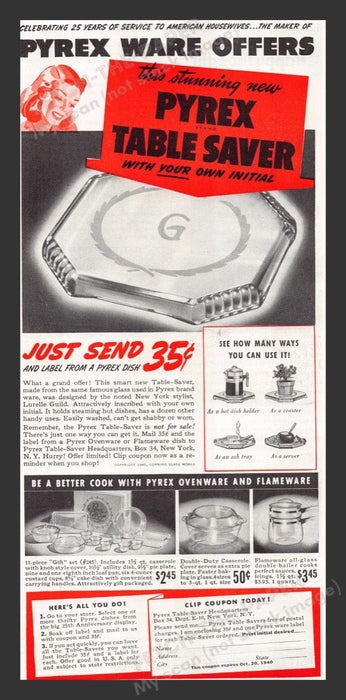 1940 Pyrex Table Saver Ovenware Flameware Print Advertisement Ad