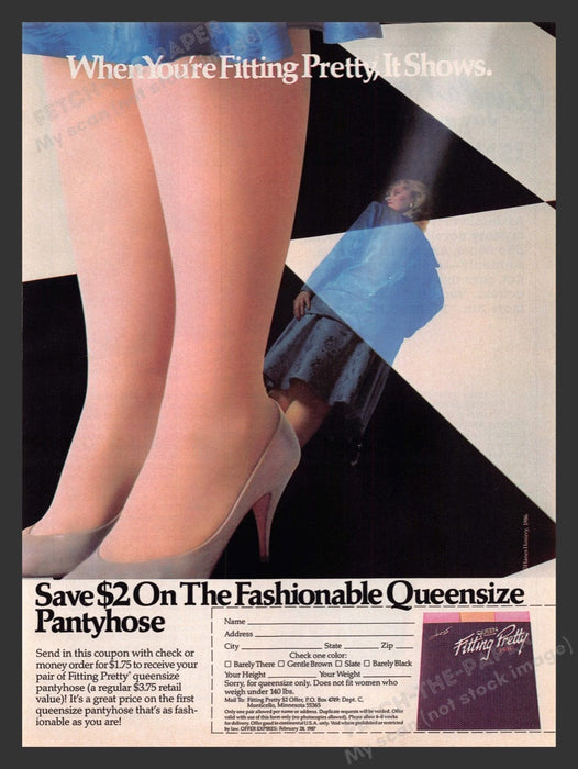 1986 Queensize Pantyhose Fitting Pretty Sheer Hosiery Print Advertisement Ad
