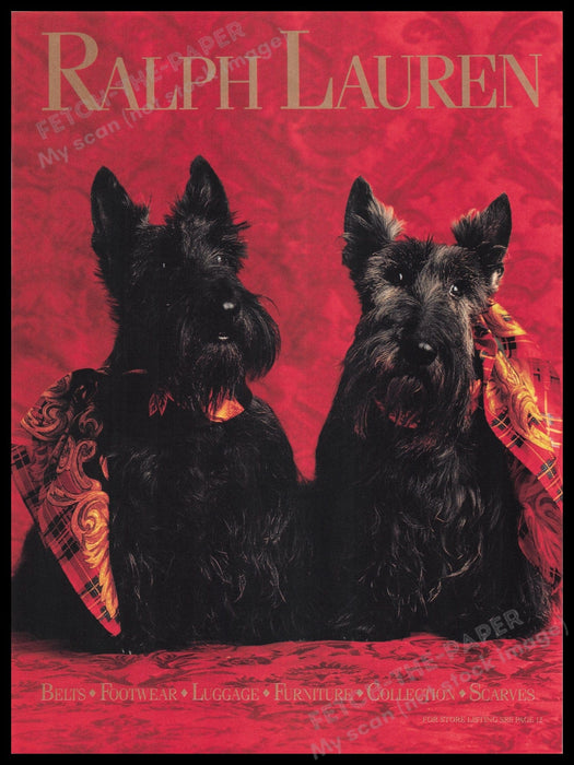 Ralph Lauren 1990s Print Advertisement Ad 1991 Black Scottish Terrier Dogs Fetch the Paper!