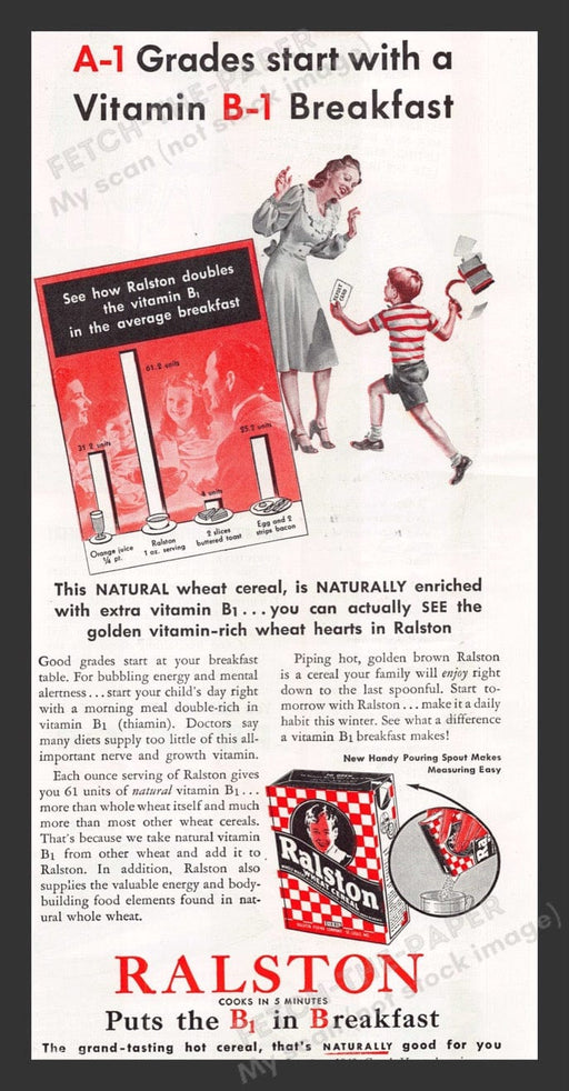 1940 Ralston Wheat Cereal Fortified with Vitamin B1 Print Advertisement Ad