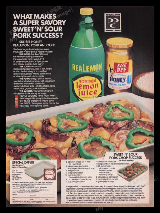 Real Lemon Sue Bee Honey 1970s Print Advertisement Ad 1979 Sweet 'n Sour Recipe Fetch the Paper!