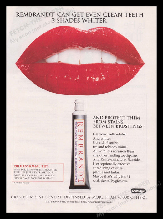 Rembrandt Toothpaste 1990s Print Advertisement Ad 1996 Red Lips Mouth Fetch the Paper!