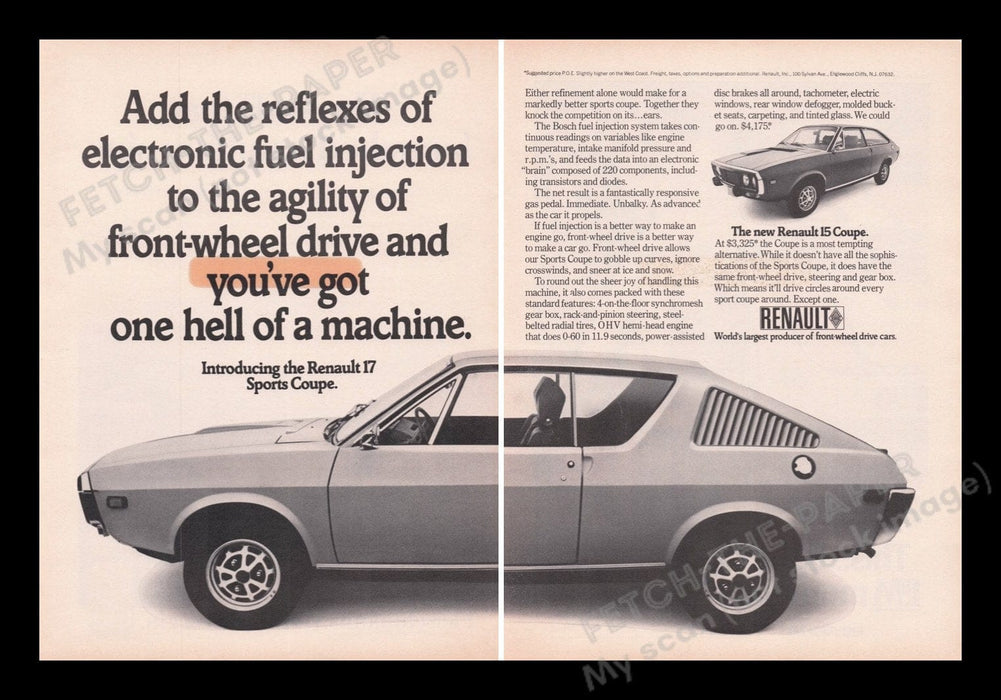 Renault 17 Sports Coupe Car 1970s Print Advertisement (2 pages) 1972 Fetch the Paper!