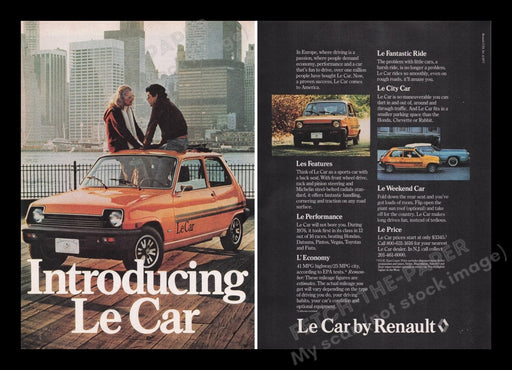 Renault Le Car 1970s Print Advertisement (2 pages) 1977 Couple Cityscape Fetch the Paper!