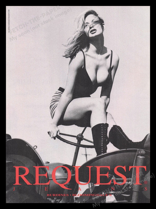 Request Jeans 1990s Print Advertisement Ad 1993 Old Tractor Sexy Model Fetch the Paper!