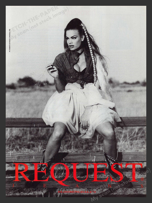Request Jeans Cowgirl Sitting on Fence 1990s Print Advertisement Ad 1992 Fetch the Paper!