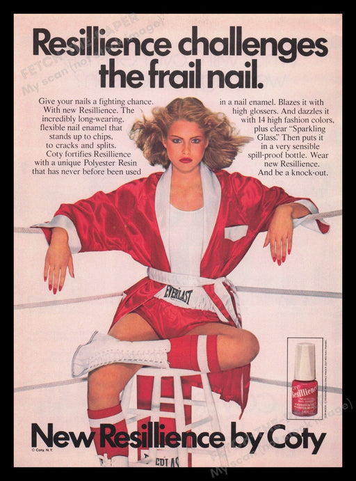 Resillience By Coty 1970s Print Advertisement Ad 1978 Cosmetics Lady Boxer Fetch the Paper!