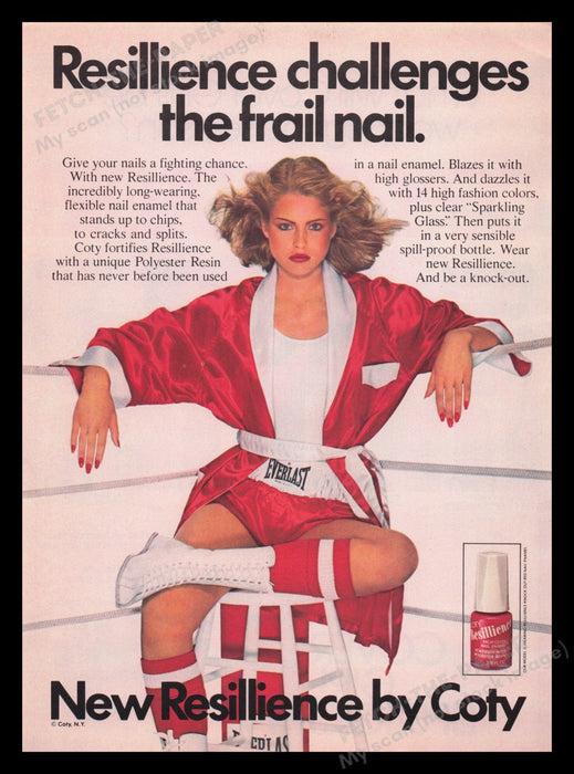 Resillience By Coty 1970s Print Advertisement Ad 1978 Cosmetics Lady Boxer Fetch the Paper!