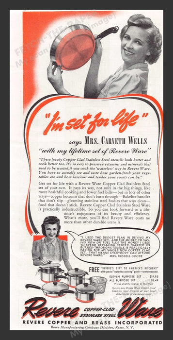 1940 Revere Ware Copper Pans Mrs. Carveth Wells Print Advertisement Ad