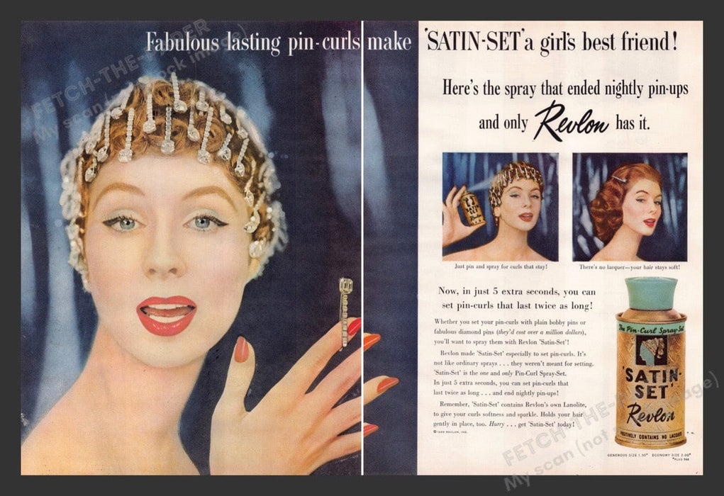 1956 Revlon Satin Set Spray Color Print Advertisement (2 Pages)