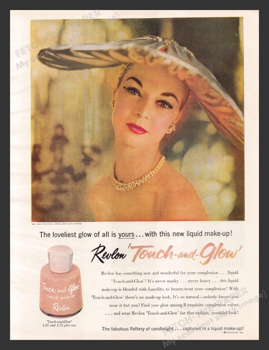 1956 Revlon 'Touch and Glow' Liquid Makeup Color Print Advertisement Ad