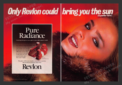 Revlon 1980s Print Ad (2 pages) 1983 Pure Radiance Early Suntan Powder Cosmetics Fetch the Paper!