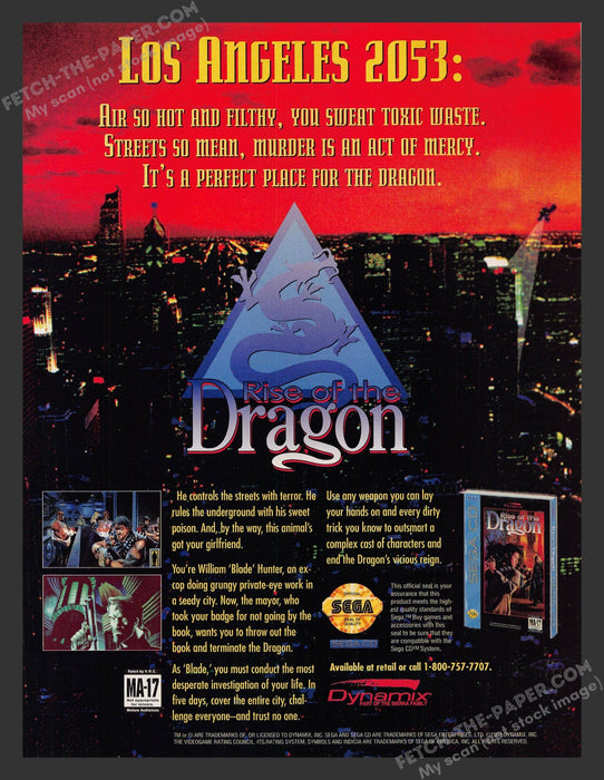 1994 Print Advertisement Rise of the Dragon Sega Video Game Ad.