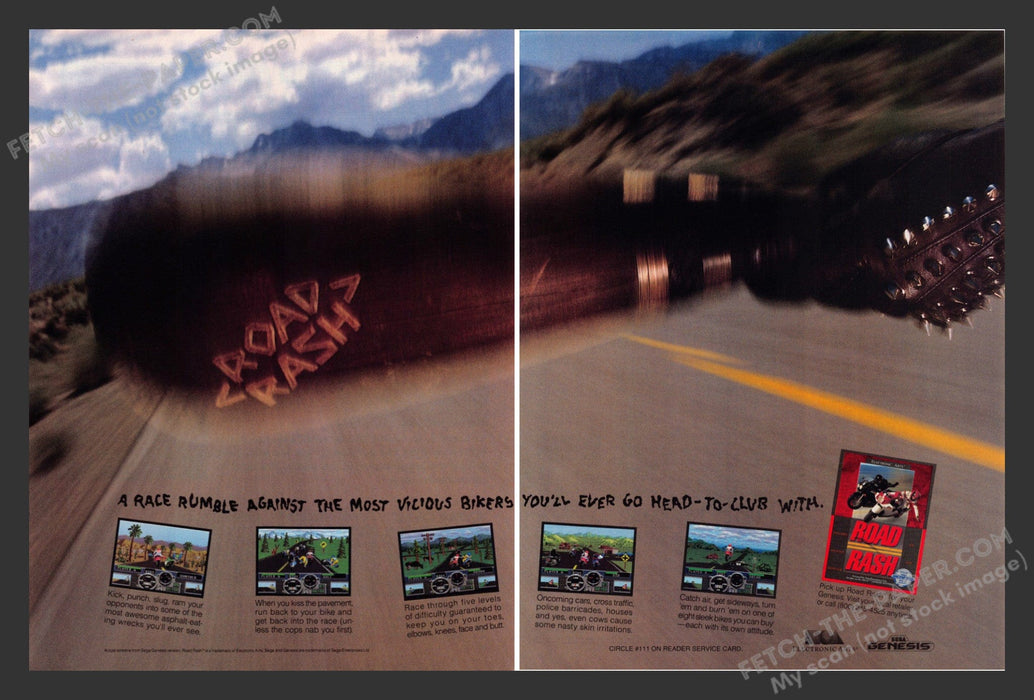 1991 Print Advertisement 2 Page Road Rash Video Game Ad.