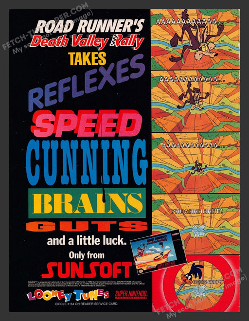 1992 Print Advertisement Road Runner's Death Valley Rally Video Game Ad.