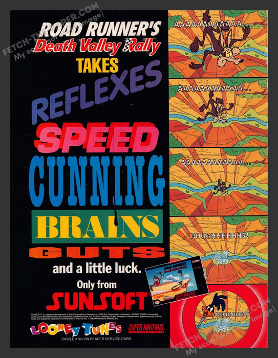 1992 Print Advertisement Road Runner's Death Valley Rally Video Game Ad.