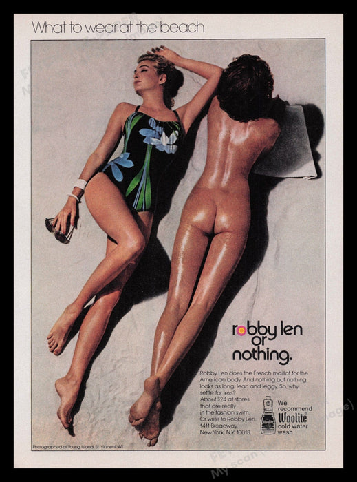 Robby Len Swimwear 1970s Print Advertisement Ad 1979 Naked Sun Bather Nothing Fetch the Paper!