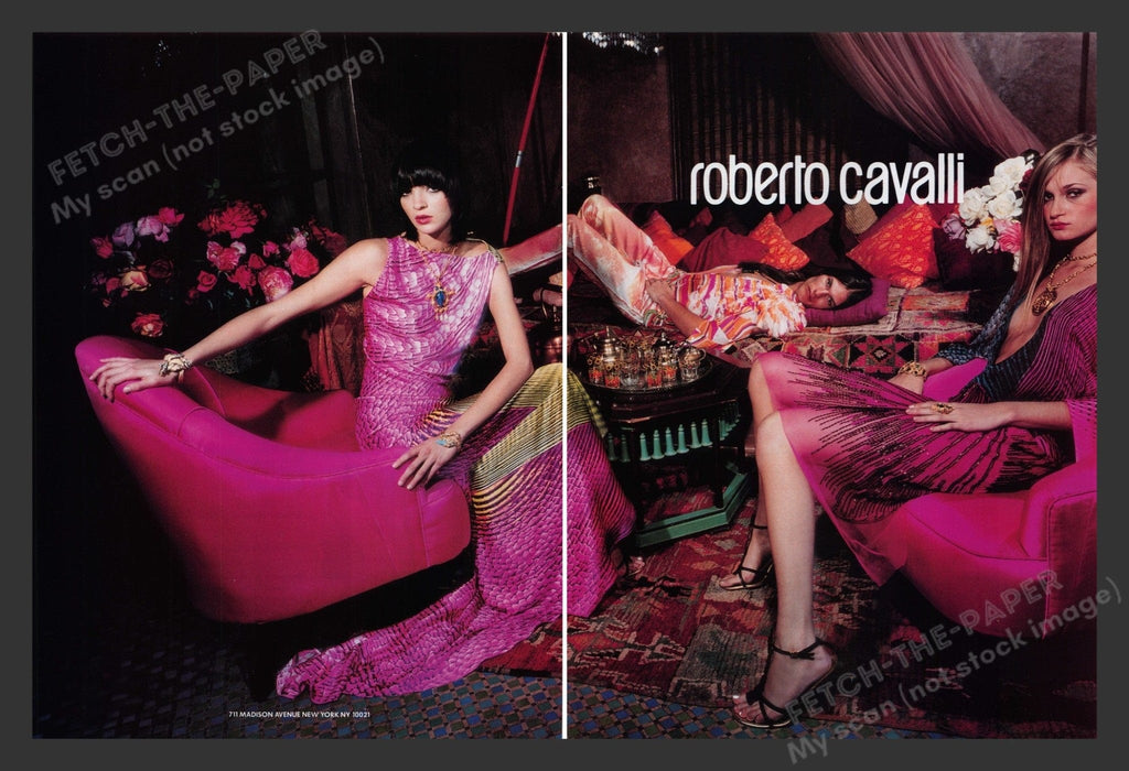 Roberto Cavalli 2000s Print Advertisement (2 pages) 2001 Pink Room Legs Models Fetch the Paper!
