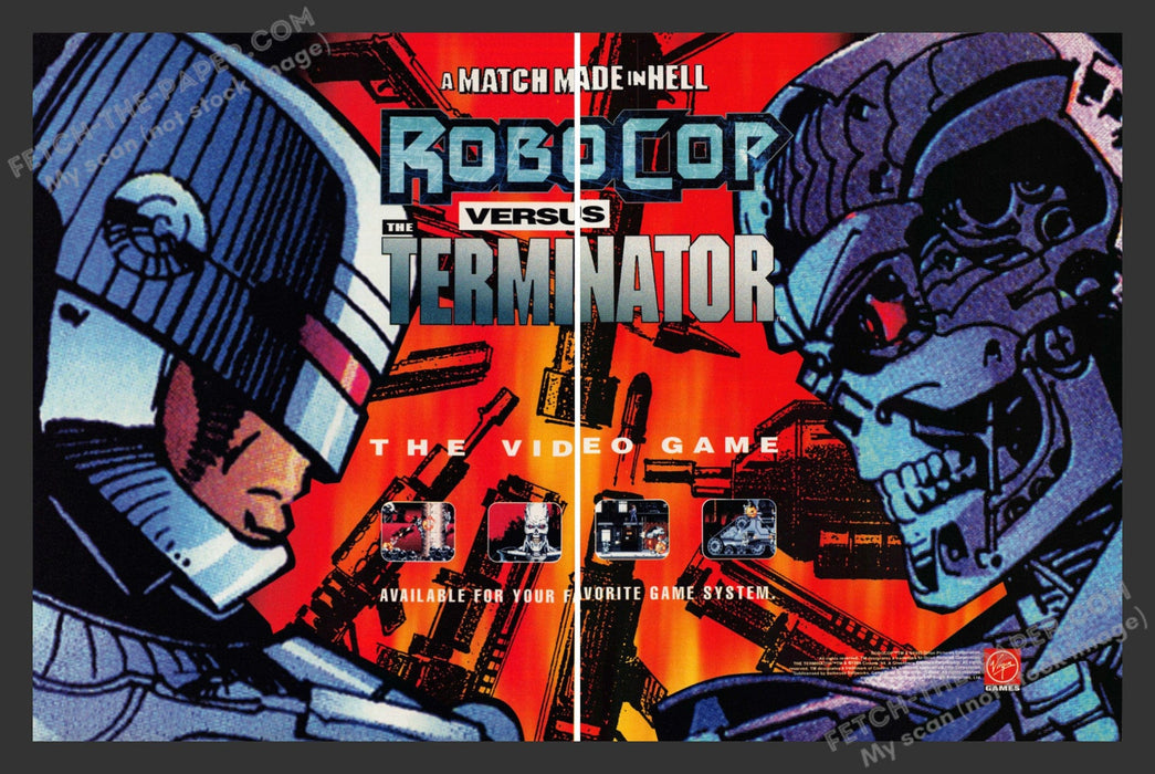 1993 Print Advertisement 2 Page RoboCop vs The Terminator Video Game Ad.