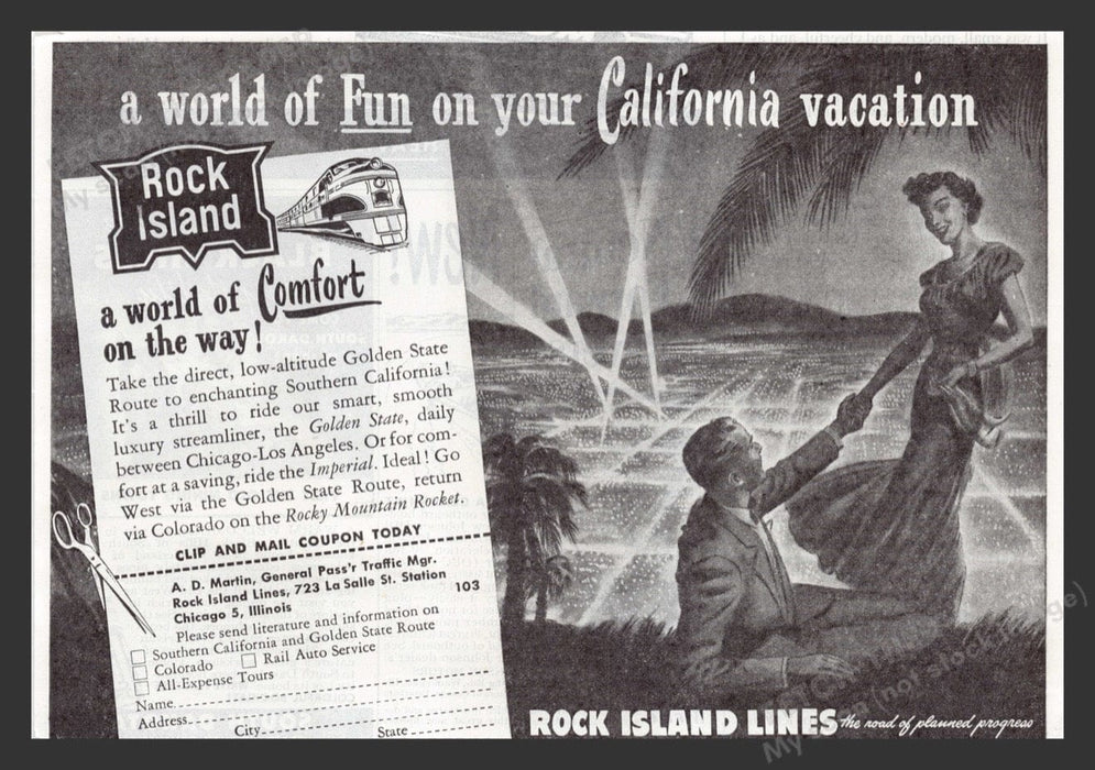 1949 Rock Island Lines Golden State Train Route Print Advertisement Ad