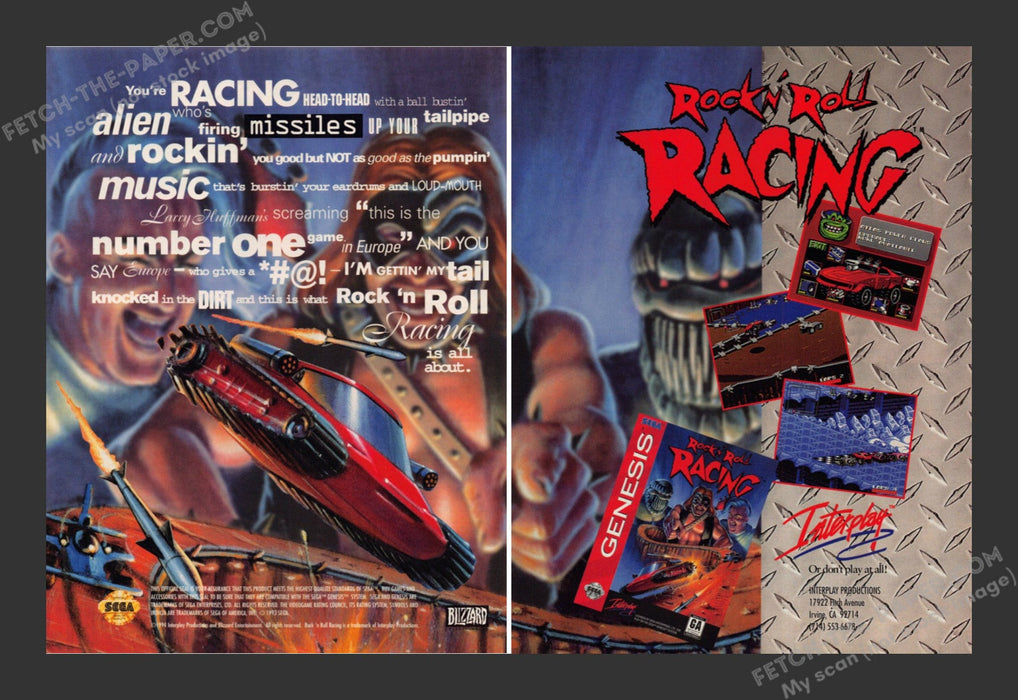 1994 Print Advertisement 2 Page Rock 'n Roll Racing Video Game Ad.