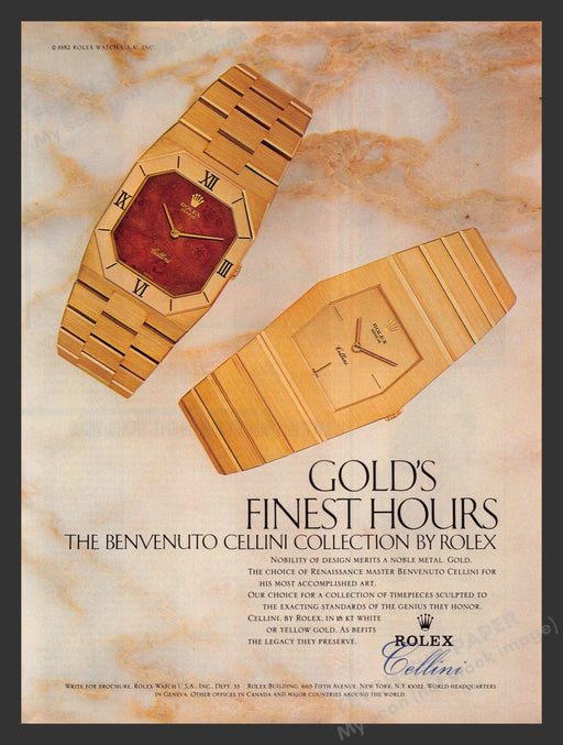 Rolex 1980s Print Advertisement Ad 1983 Watch Cellini "Gold's Finest Hours" Fetch the Paper!