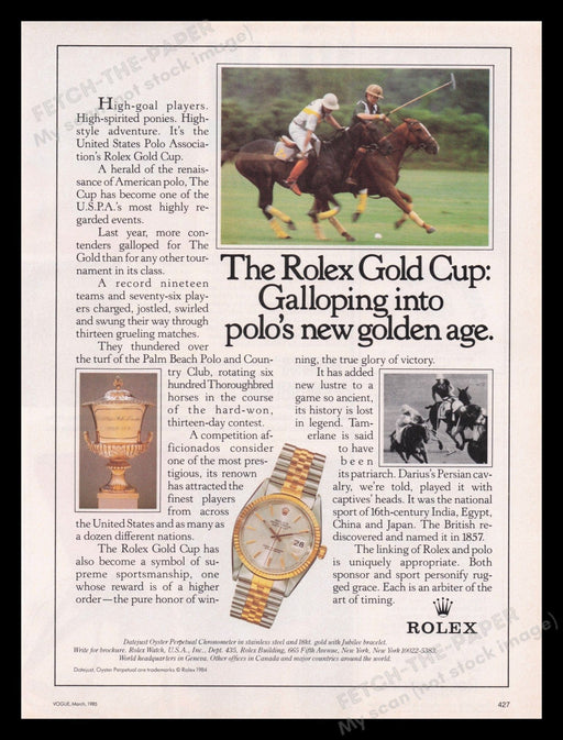 Rolex Watch 1980s Print Advertisement Ad 1985 Gold Cup Polo Fetch the Paper!