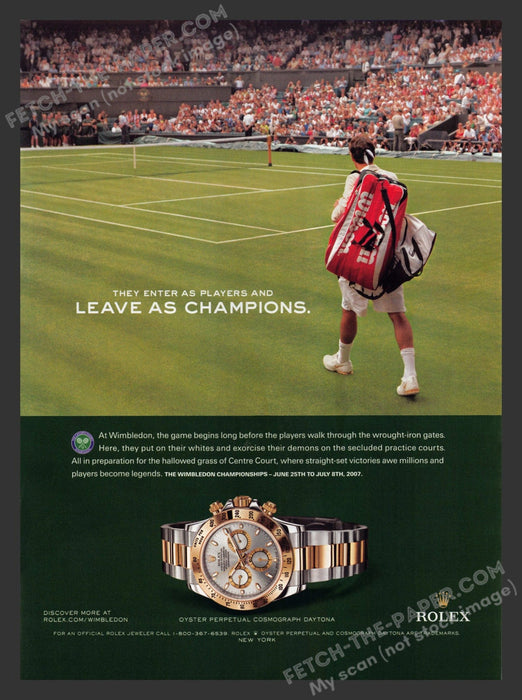 2007 Print Advertisement Rolex Watches Wimbledon Oyster Perpetual Cosmograph.