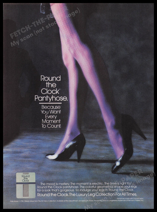 Round The Clock Hosiery 1980s Print Advertisement Ad 1983 Legs Luxury Collection Fetch the Paper!