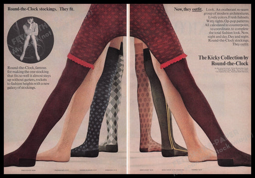 Round-the Clock Stockings 1960s Print Advertisement (2 pgs) 1965 Tights Hosiery Fetch the Paper!