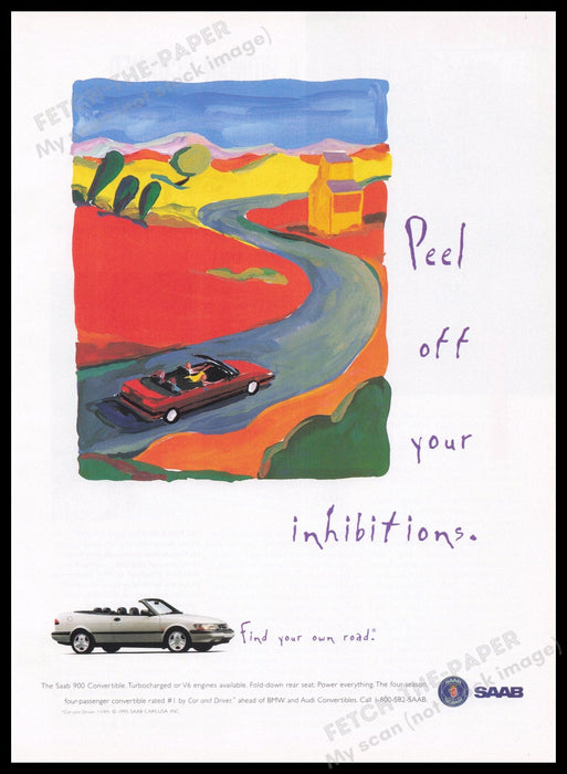Saab 900 Convertible Car 1990s Print Advertisement Ad 1995 "Find Your Own Road" Fetch the Paper!