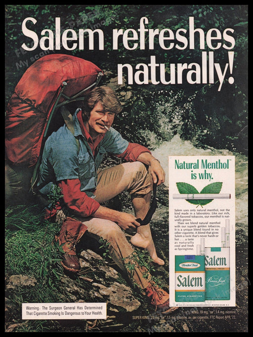 Salem Cigarette 1970s Print Advertisement Ad 1972 Man Backpacker Hiker Fetch the Paper!