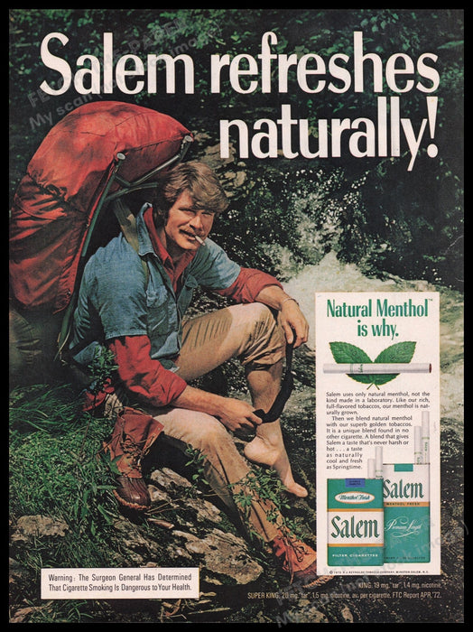 Salem Cigarette 1970s Print Advertisement Ad 1972 Man Backpacker Hiker Fetch the Paper!