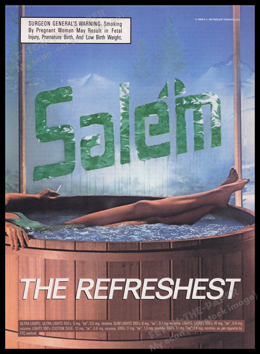 Salem Cigarettes 1980s Print Advertisement Ad 1989 Woman in Hot Tub Legs Fetch the Paper!
