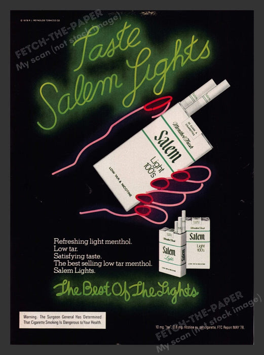 1979 Salem Lights 100's Cigarettes Neon Hand Print Advertisement Ad