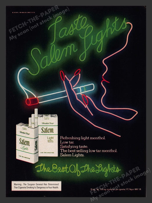 1980 Salem Lights Cigarettes Neon Female Smoking Print Advertisement Ad
