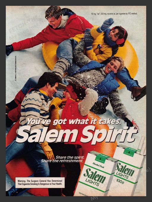 1984 Salem Lights Cigarettes Snow Tubing Friends Print Advertisement Ad