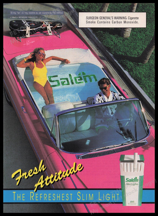 Salem Slim Lights 1990s Print Advertisement Ad 1991 Cigarettes Covertible Pool Fetch the Paper!
