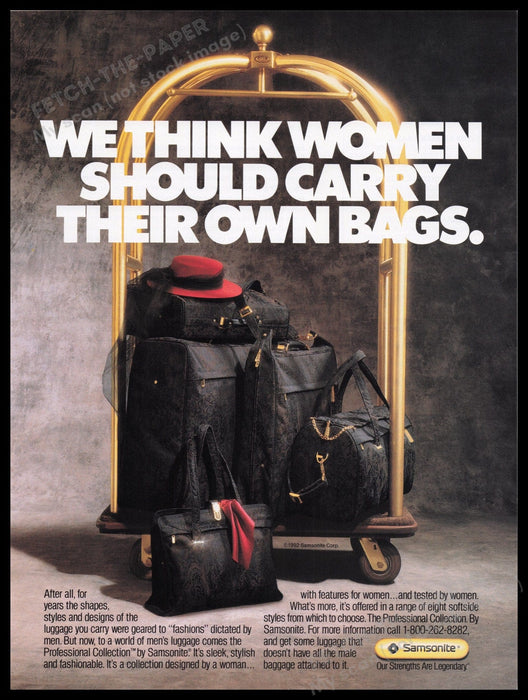 Samsonite 1990s Print Advertisement Ad 1992 "Woman Should Carry Their Own Bags" Fetch the Paper!