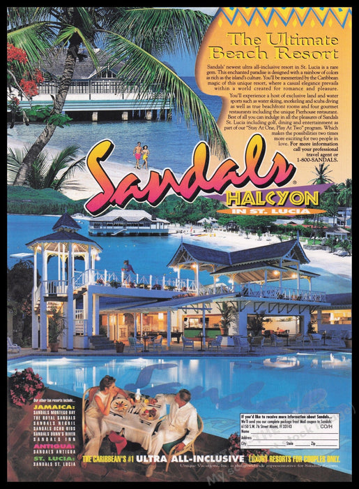 Sandals Halcyon in St. Lucia 1990s Print Advertisement Ad 1995 Pool Area Fetch the Paper!