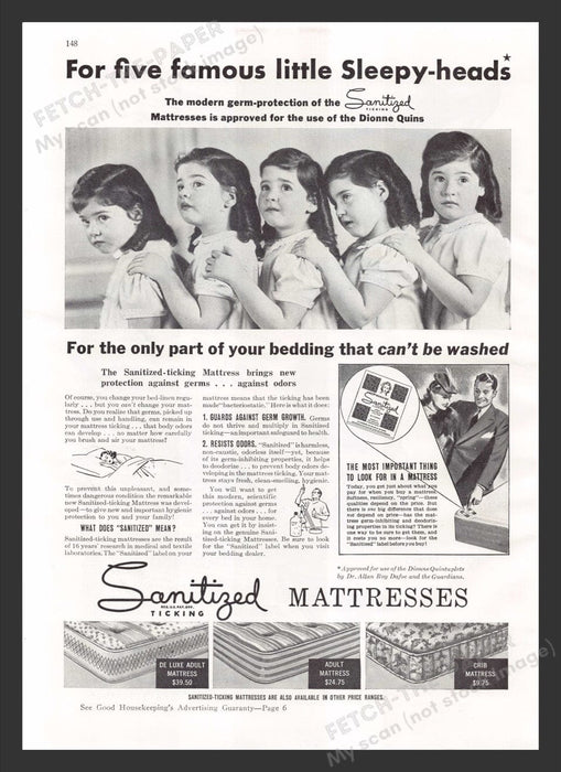 1940 Sanitized Ticking Mattresses Dionne Quintuplets Print Advertisement Ad
