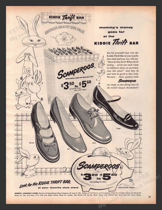 1956 Scamperoos Kids Shoes Kiddie Thrift Bar Print Advertisement Ad