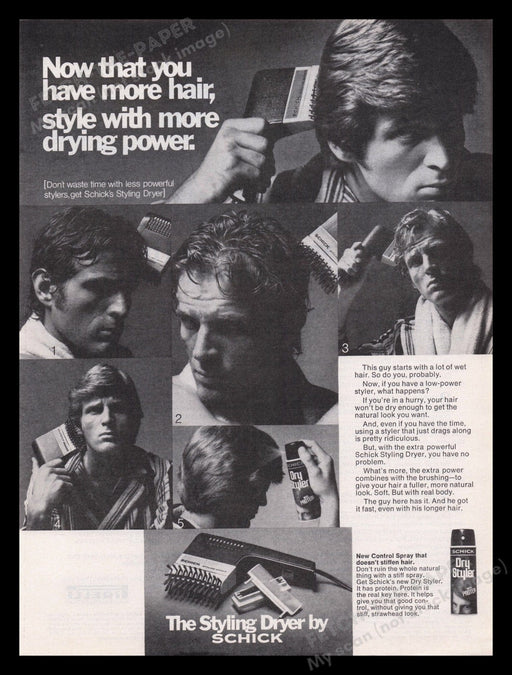 Schick Dry Styler 1970s Print Advertisement Ad 1972 Men's Hair Dryer Fetch the Paper!